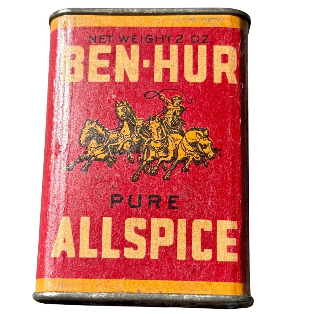 Ben-Hur Pure Allspice 2 oz Vintage Spice Tin Chariot Graphic Advertising Prop